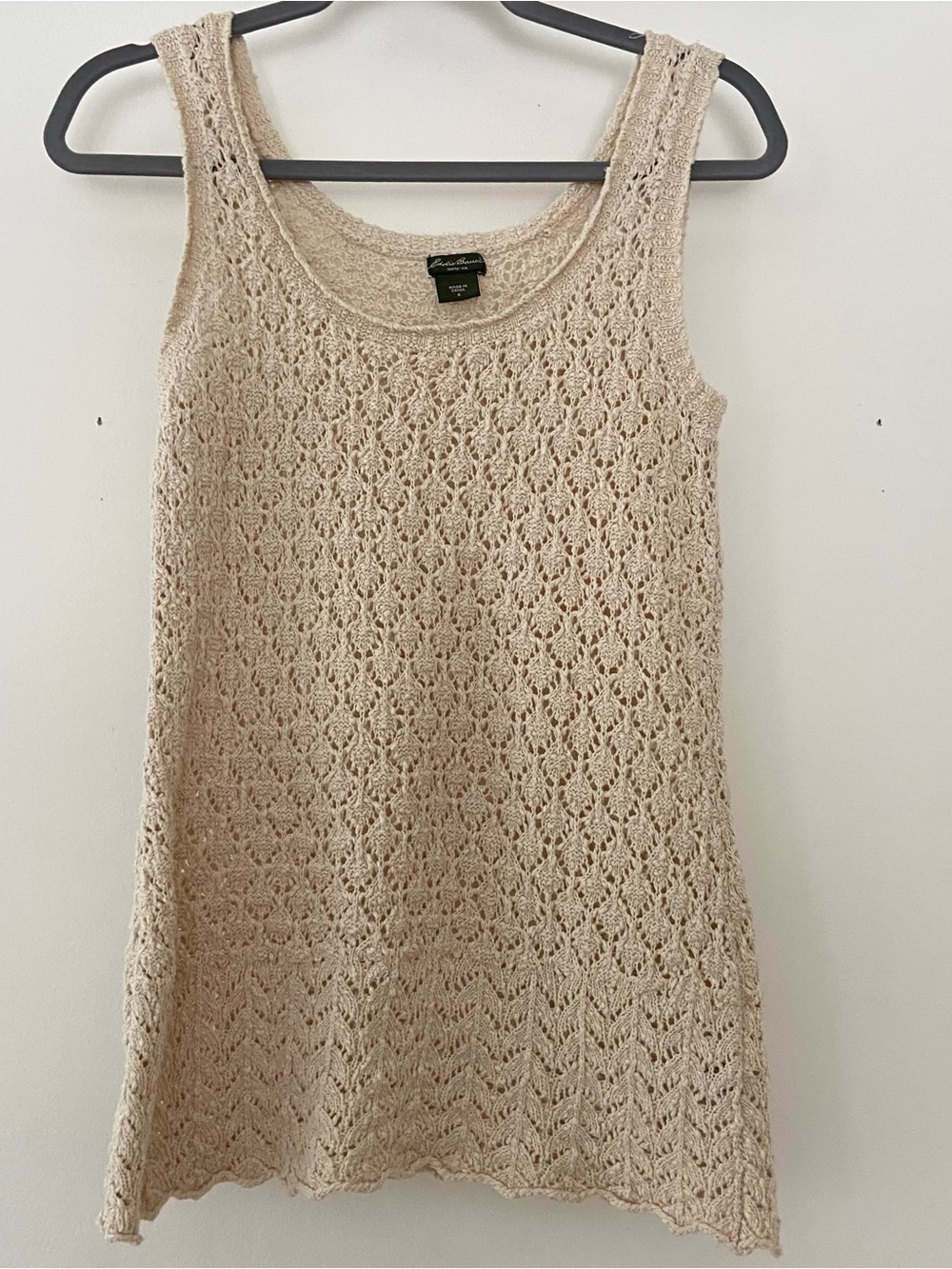 Eddie Bauer Crochet Knit Top S Beige Cotton Boho Festival Grannycore Cottagecore